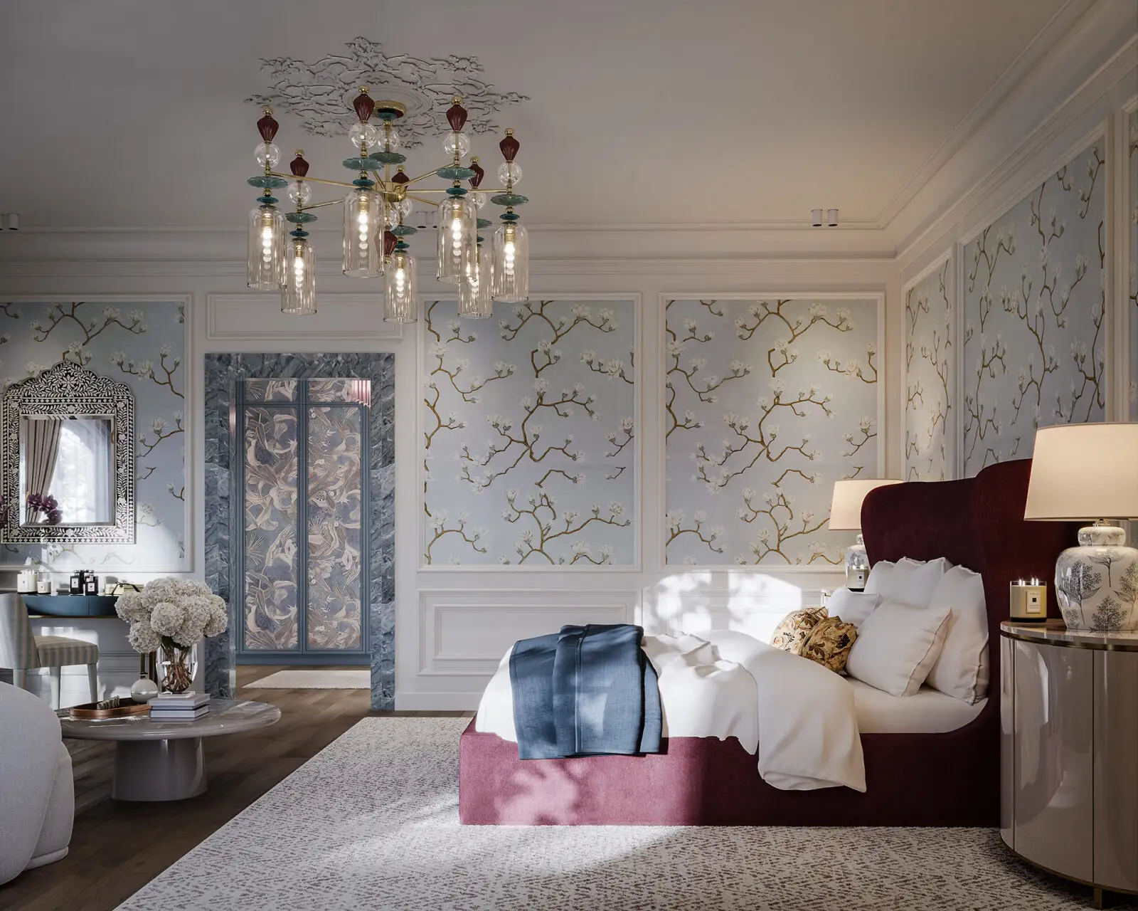 An atmospheric illustration of a calm bedroom setup with warm lamp lighting and minimal furniture arrangement